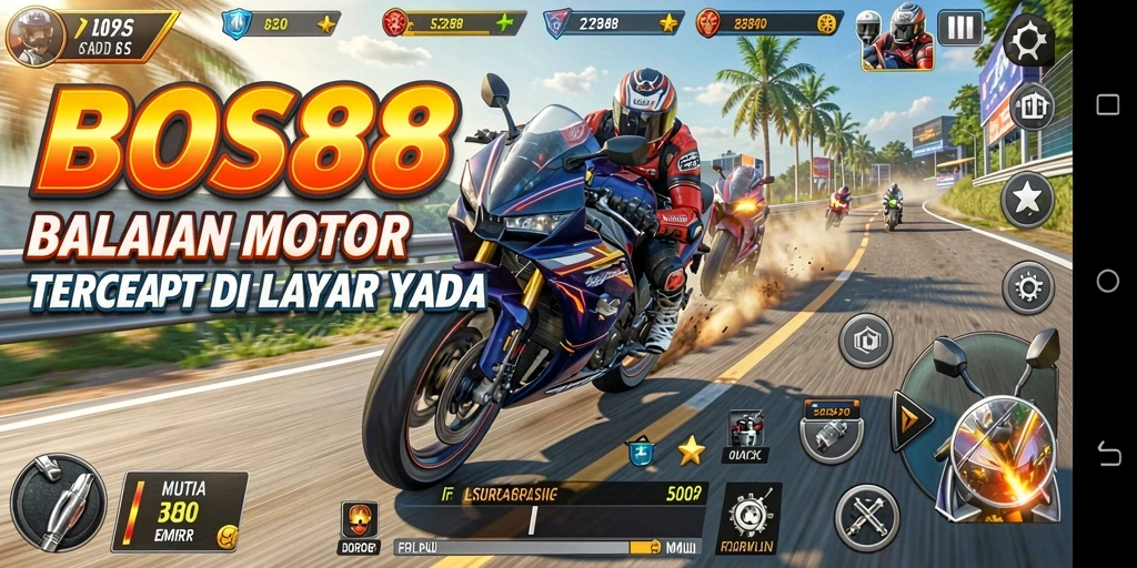 Tampilan gameplay mendebarkan di trek balap dengan motor cepat.