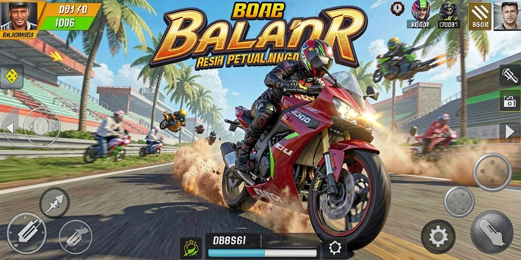 Gameplay balap motor yang penuh aksi dan seru.
