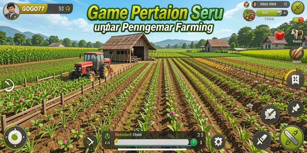 Gambar gameplay GOGO77 menunjukkan lahan pertanian yang subur dan riang.